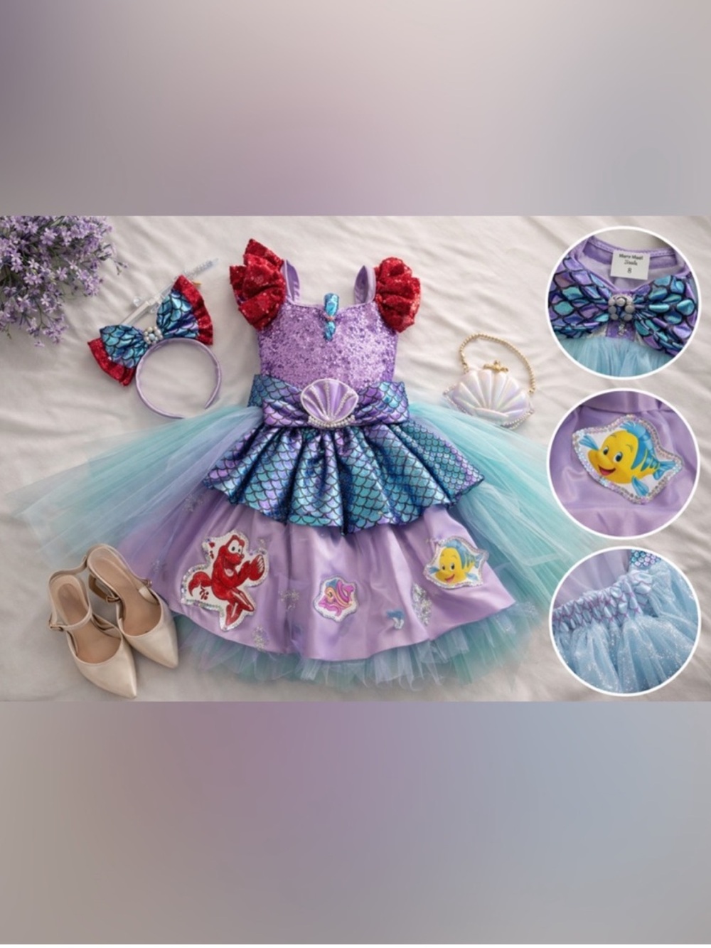 Kids Mermaid Dress Size 8 Luxury Tutu Costume Purple Aqua - Picture 9 of 16